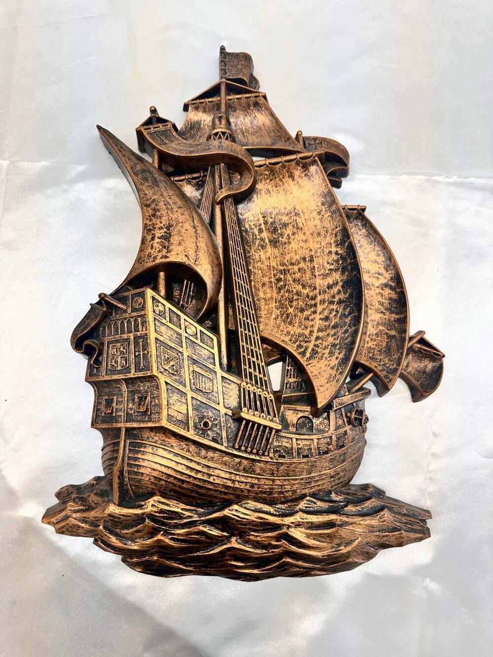 VTG MCM 3DFaux Copper Galleon Sailing Ship Wall Hanging Plaque Dart Ind 7180 18”